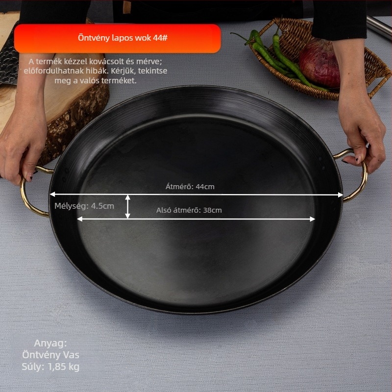 Öntöttvas wok, korrózióálló, 8 cm mély, egyoldalas aljzat, gáztűzhelyhez alkalmas