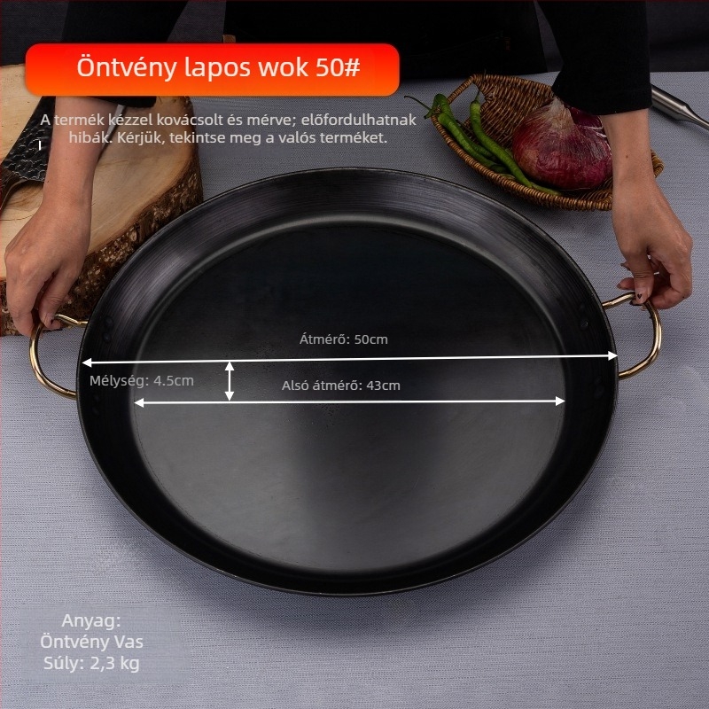 Öntöttvas wok, korrózióálló, 8 cm mély, egyoldalas aljzat, gáztűzhelyhez alkalmas