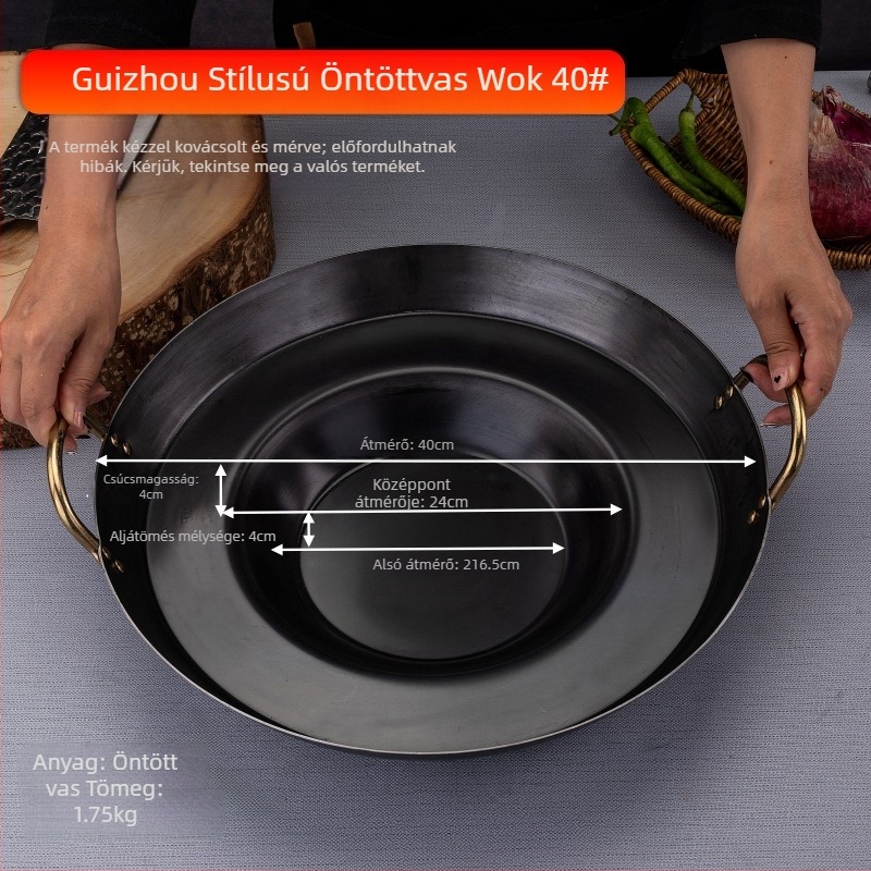 Öntöttvas wok, korrózióálló, 8 cm mély, egyoldalas aljzat, gáztűzhelyhez alkalmas