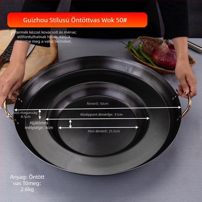 Öntöttvas wok, korrózióálló, 8 cm mély, egyoldalas aljzat, gáztűzhelyhez alkalmas