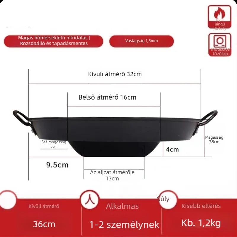 Öntöttvas wok, korrózióálló, 8 cm mély, egyoldalas aljzat, gáztűzhelyhez alkalmas