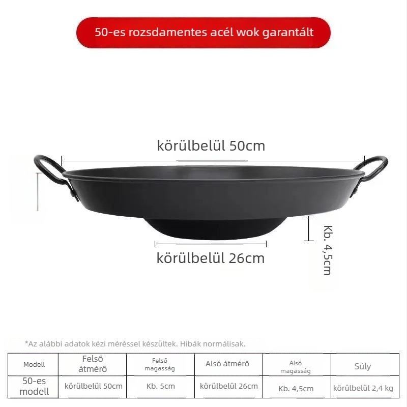 Öntöttvas wok, korrózióálló, 8 cm mély, egyoldalas aljzat, gáztűzhelyhez alkalmas