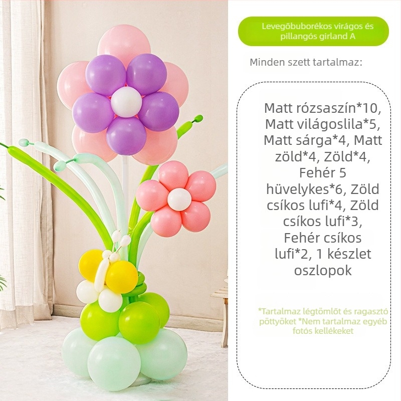 Virágos lufi oszlop dekoráció – latexből készült kerek lufik, dekoratív lufik, iskolai és óvodai rendezvényekhez