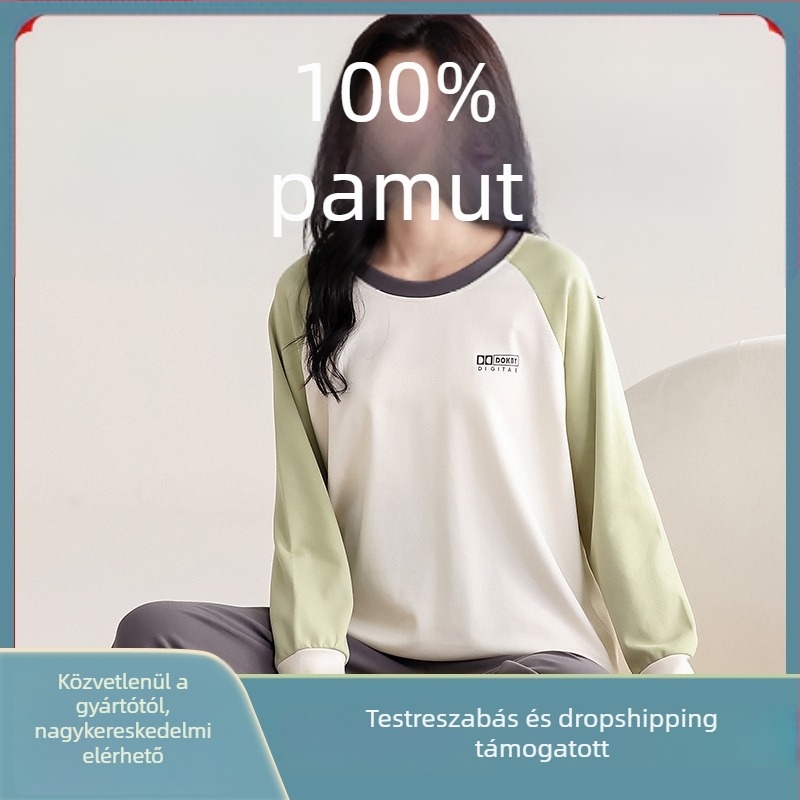 100% pamut női pizsama szett, hosszú ujjú pulóver kerek nyakkal, laza szabás, középmagas pamut anyag, ideális tavasszal és ősszel