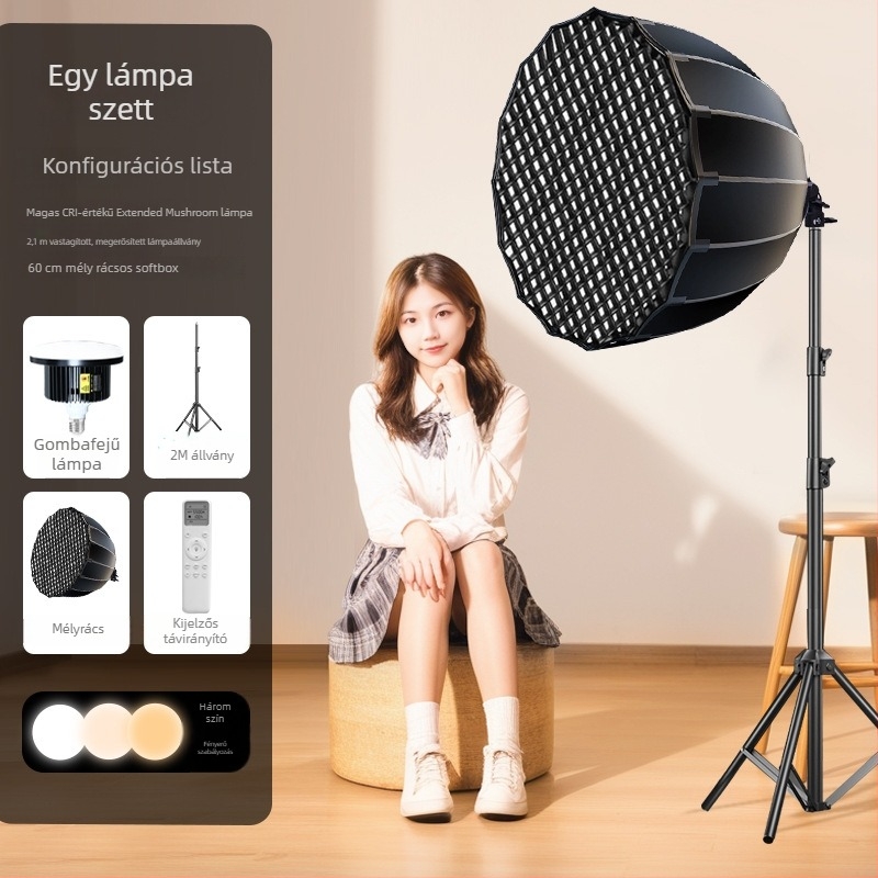 Professzionális LED gomba lámpa fotózáshoz távirányítóval – dimmelhető, szabályozható színhőmérséklet és fényerő, élő közvetítéshez és fotózáshoz