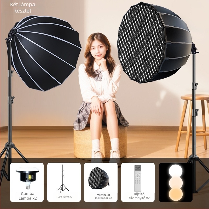 Professzionális LED gomba lámpa fotózáshoz távirányítóval – dimmelhető, szabályozható színhőmérséklet és fényerő, élő közvetítéshez és fotózáshoz