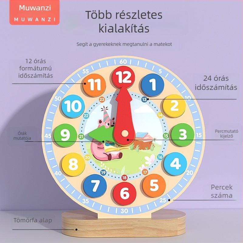 Fából készült digitális órás oktató játék 4–6 éves gyermekeknek — fejleszti a kéz- és agyi készségeket; csomagolása színes dobozban