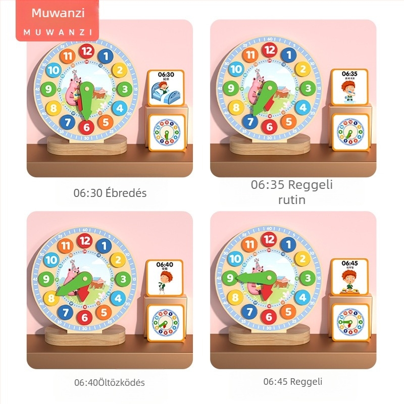 Fából készült digitális órás oktató játék 4–6 éves gyermekeknek — fejleszti a kéz- és agyi készségeket; csomagolása színes dobozban