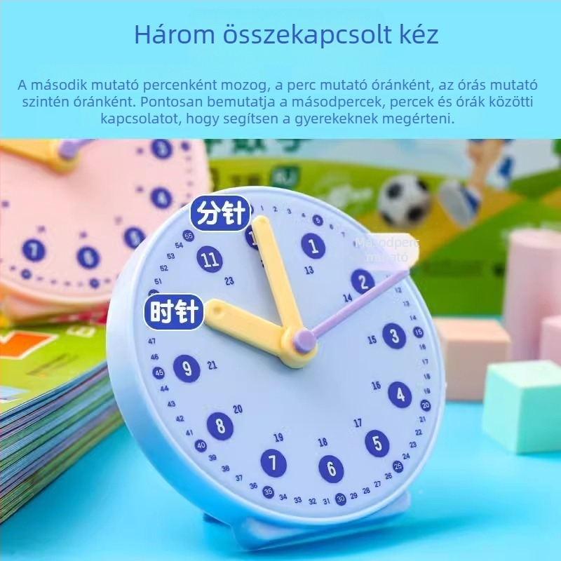 Általános iskolai oktatási óramodell – háromtűs kapcsolódó számlap, műanyag, márka Telford, szellemi fejlődés, 7–14 évesek