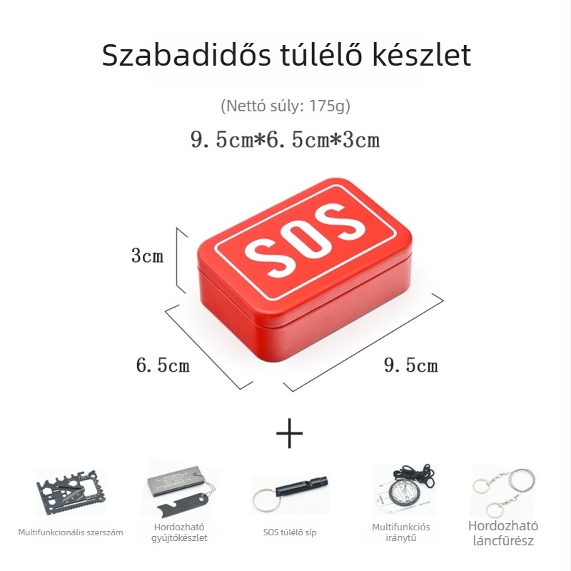 Crooked Wild SOS túlélődoboz: túlélő eszközök készlet kompasszal, síppal, drótfűrész és elsősegély felszereléssel