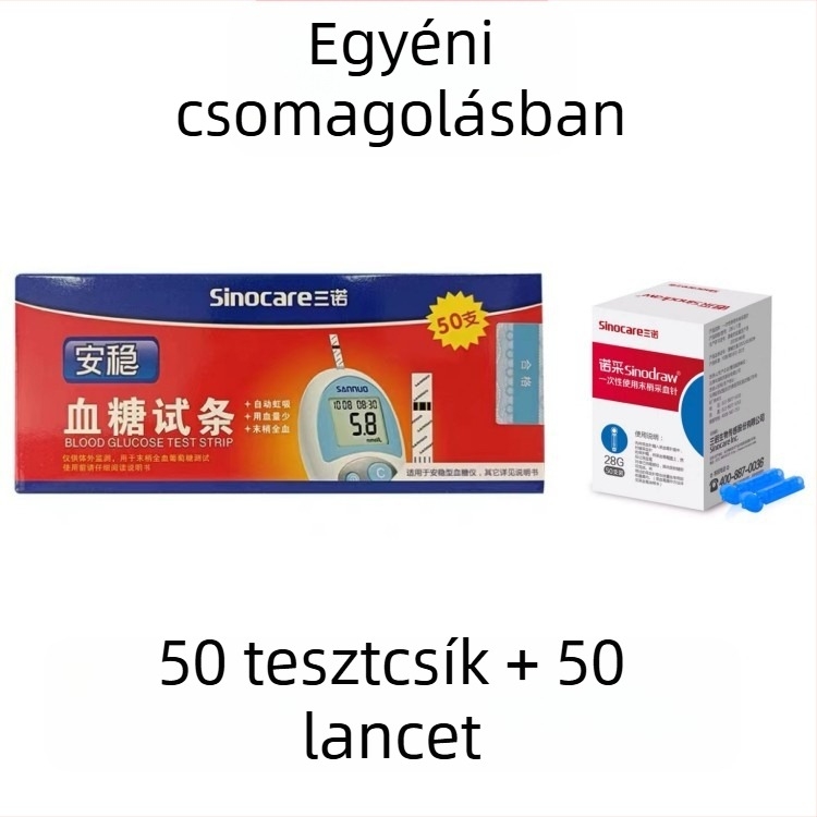 Sannuo márkájú otthoni vércukor tesztcsíkok, 50 darab, tűvel, készülék nélkül