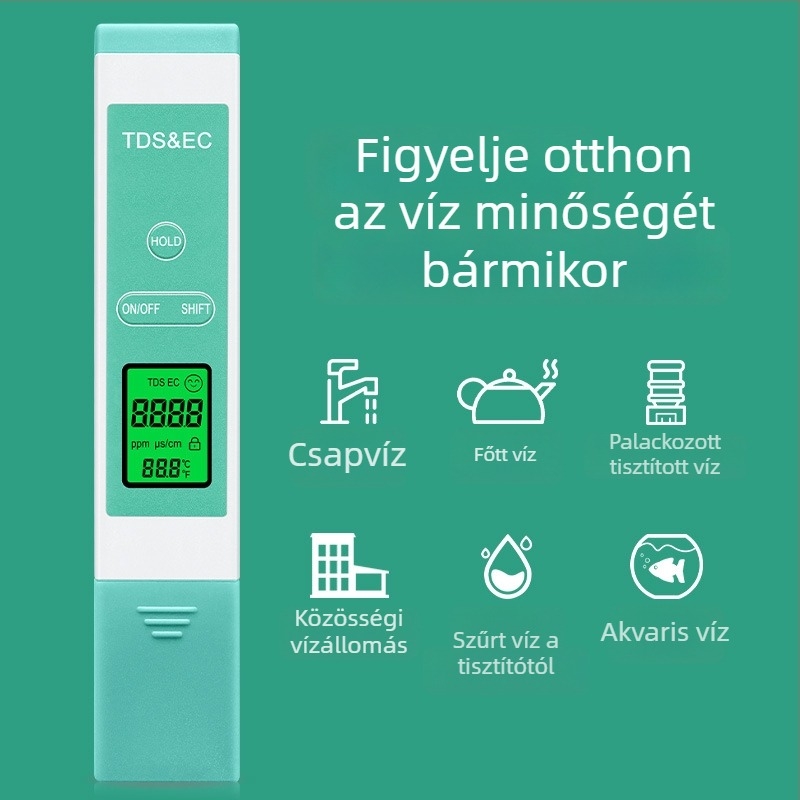 Hordozható TDS/EC vízteszter — kiváló pontosság, 0–9990 ppm tartomány, ±1 pontosság, 1 ppm felbontás, 3V tápegység