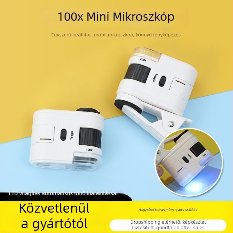 Mini optikai mikroszkóp klipszes biológiai megfigyelésekhez, ABS műanyag + PMMA lencsék, 100x nagyítás