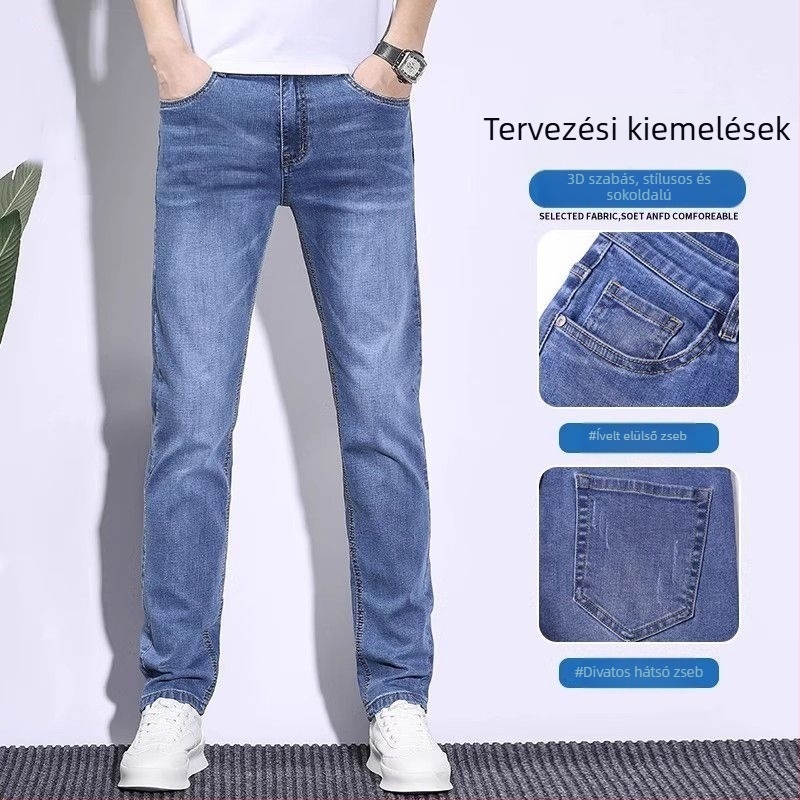 Férfi denim nadrág, egyenes szárú, középmagas derekú, cipzáras, mosott denim