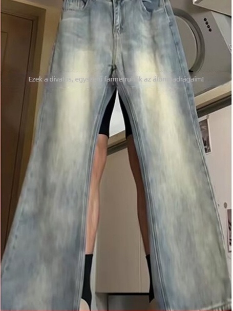 Férfi farmernadrág egyenes szárú, denim, középmagas derekú, 90% poliészter, mosott