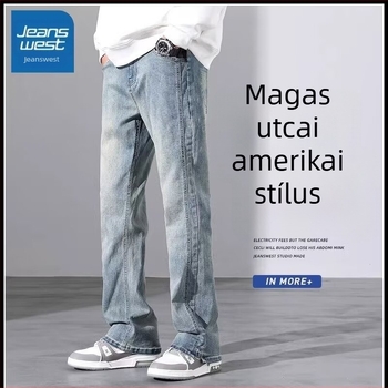 Férfi egyenes szárú farmer, középső derék, fiatalos casual stílus, zsebdekoráció, Modal anyag