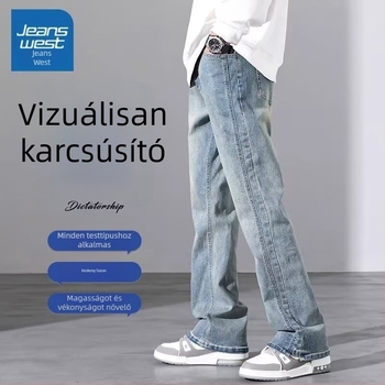 Férfi egyenes szárú farmer, középső derék, fiatalos casual stílus, zsebdekoráció, Modal anyag