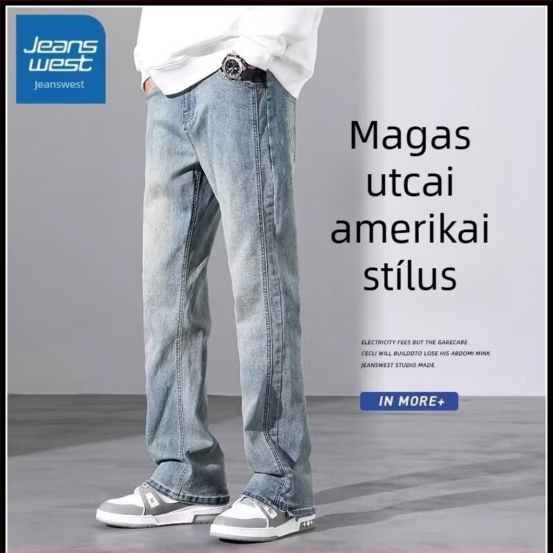 Férfi egyenes szárú farmer, középső derék, fiatalos casual stílus, zsebdekoráció, Modal anyag