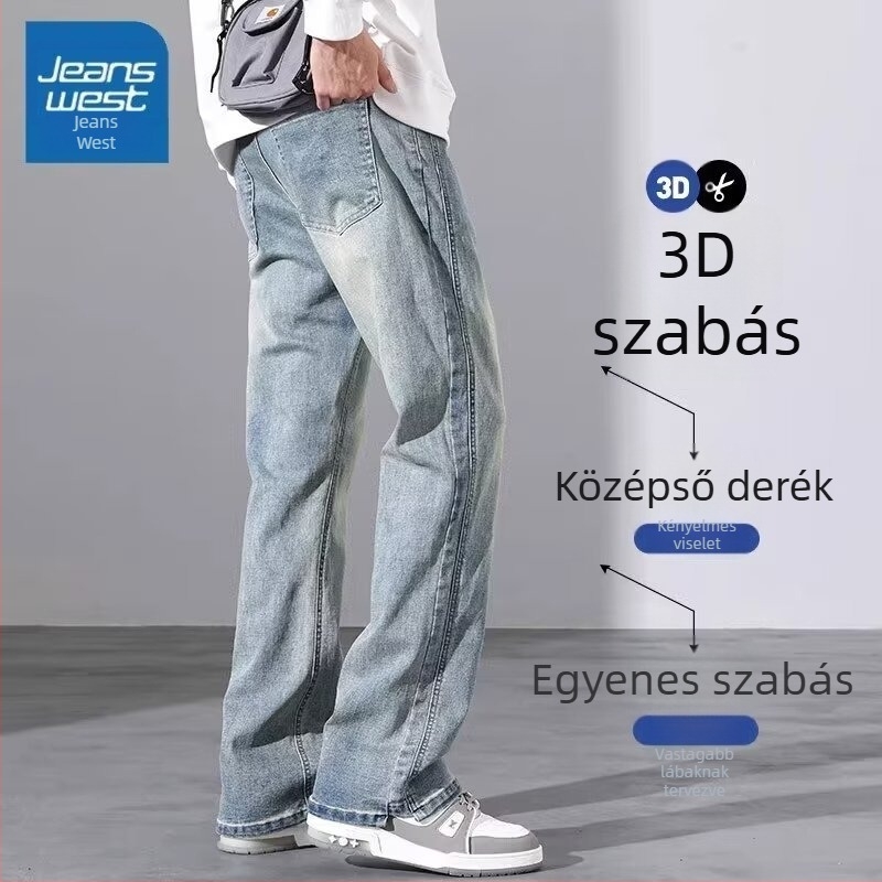 Férfi egyenes szárú farmer, középső derék, fiatalos casual stílus, zsebdekoráció, Modal anyag