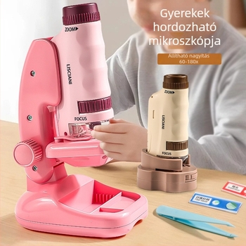 Kézben tartható hordozható mikroszkóp karikatúra-stílusú mini három az egyben mikroszkóp biológia-kémia oktatáshoz, műanyag kivitel, 7–14 éveseknek.