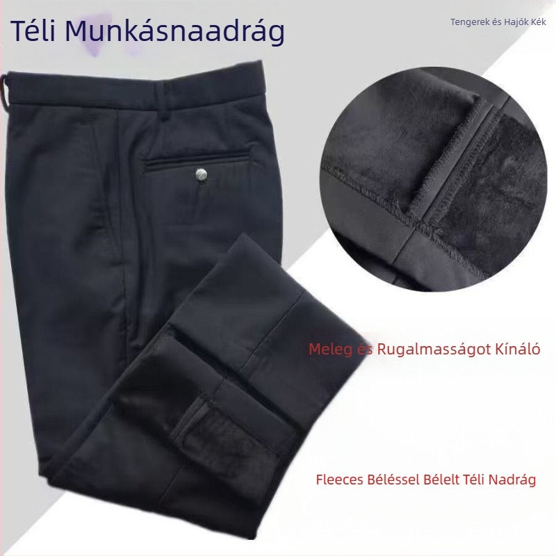Téli nyugati stílusú nadrág, elasztikus derék, pamut-keverék anyag, lazább szabás, több zseb