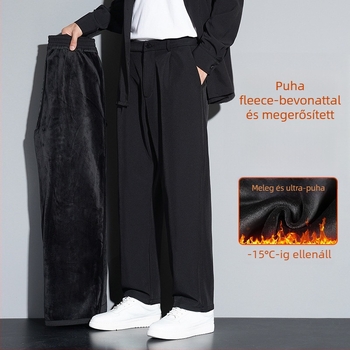 Férfi fleece-lappal bélelt egyenes szabású üzleti casual nadrág, téli szezonra, középtalpas, gombos zárás, 95% poliészter, 5% spandex