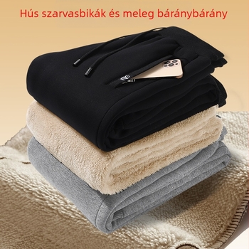Férfi pamut-flízes nadrág téli, lazán szabott, középmagas derekú, cipzáras zsebek