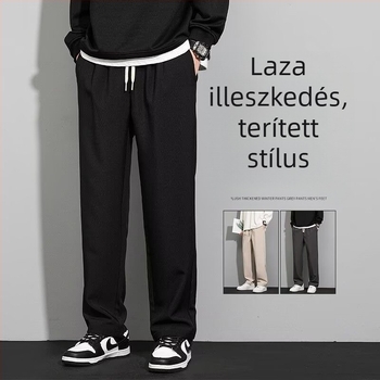 Koreai stílusú férfi casual hosszú nadrág, egyenes szár, középső derék, húzással záródó, 95% poliészter, ránctalan