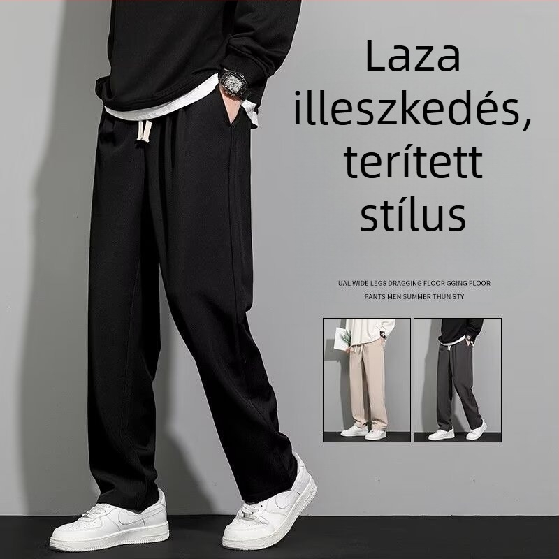 Koreai stílusú férfi casual hosszú nadrág, egyenes szár, középső derék, húzással záródó, 95% poliészter, ránctalan