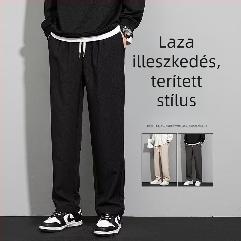 Koreai stílusú férfi casual hosszú nadrág, egyenes szár, középső derék, húzással záródó, 95% poliészter, ránctalan