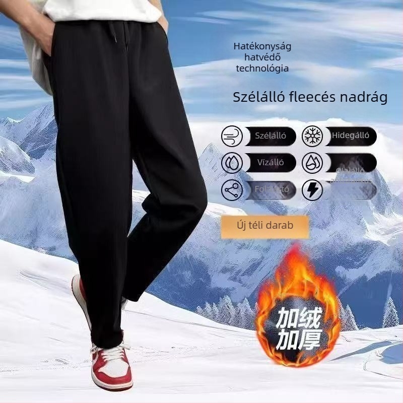 Fleece-bevonatú szélvédő sportnadrág, magas derekú, húzózsinórral, nylon-elasztán anyagból, vastag őszi-téli hosszú nadrág