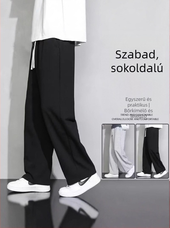 Sportos nadrág egyenes szabású, középmagas derekú, zsinóros záródás, poliészter-keverék, mindennapi viselet