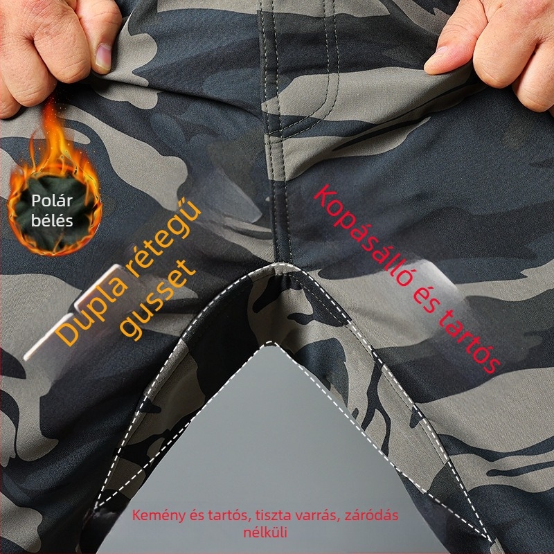 Férfi munkanadrág polár béléssel, camouflage mintázat, téli, egyenes szabású, kopásálló