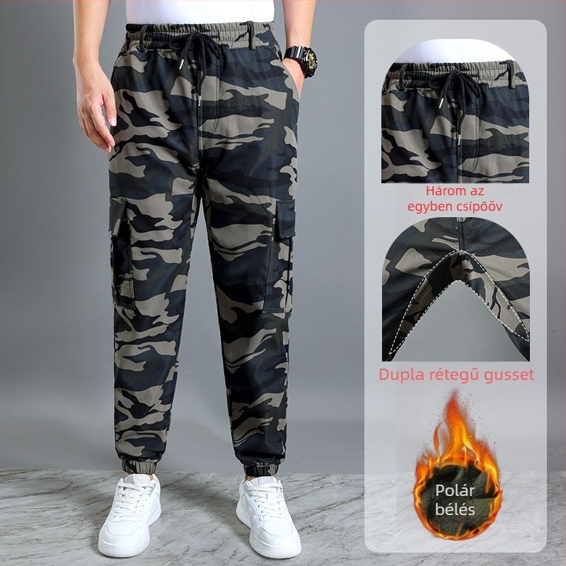 Férfi munkanadrág polár béléssel, camouflage mintázat, téli, egyenes szabású, kopásálló