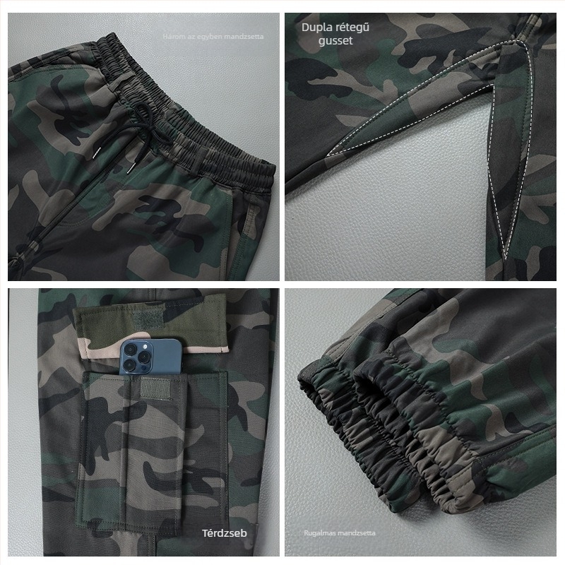 Férfi munkanadrág polár béléssel, camouflage mintázat, téli, egyenes szabású, kopásálló