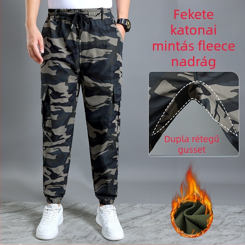 Férfi munkanadrág polár béléssel, camouflage mintázat, téli, egyenes szabású, kopásálló