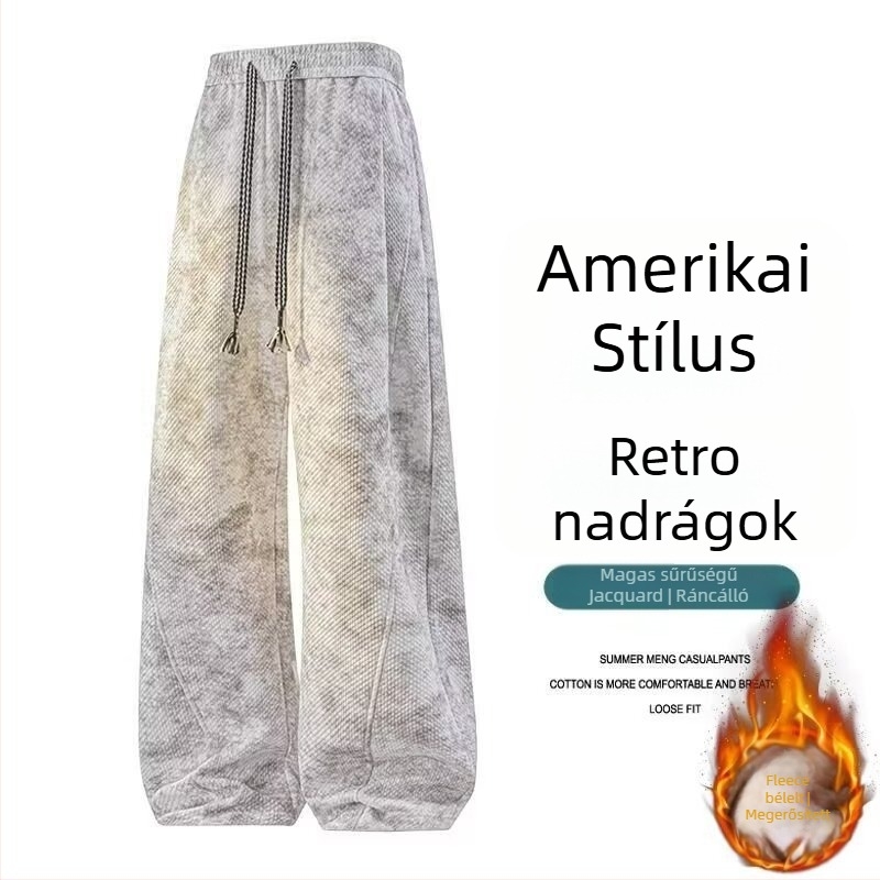 Férfi sportos casual nadrág, egyenes szabású, hosszú, középmagas derék, húzózsinóros zárás, fleece anyagú (90% poliészter), tavasz–ősz