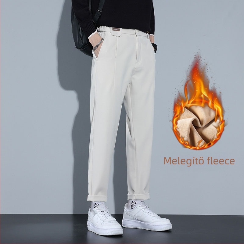 Férfiaknak fleece-béléssel ellátott egyenes szárú téli nadrág, középmagas derekú, cipzár