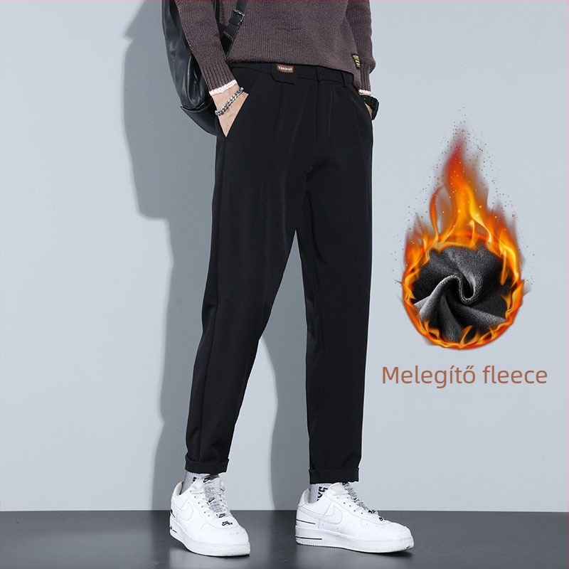 Férfiaknak fleece-béléssel ellátott egyenes szárú téli nadrág, középmagas derekú, cipzár