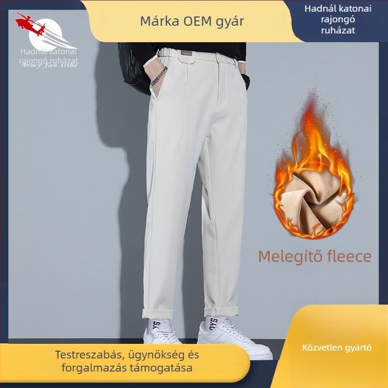 Férfiaknak fleece-béléssel ellátott egyenes szárú téli nadrág, középmagas derekú, cipzár