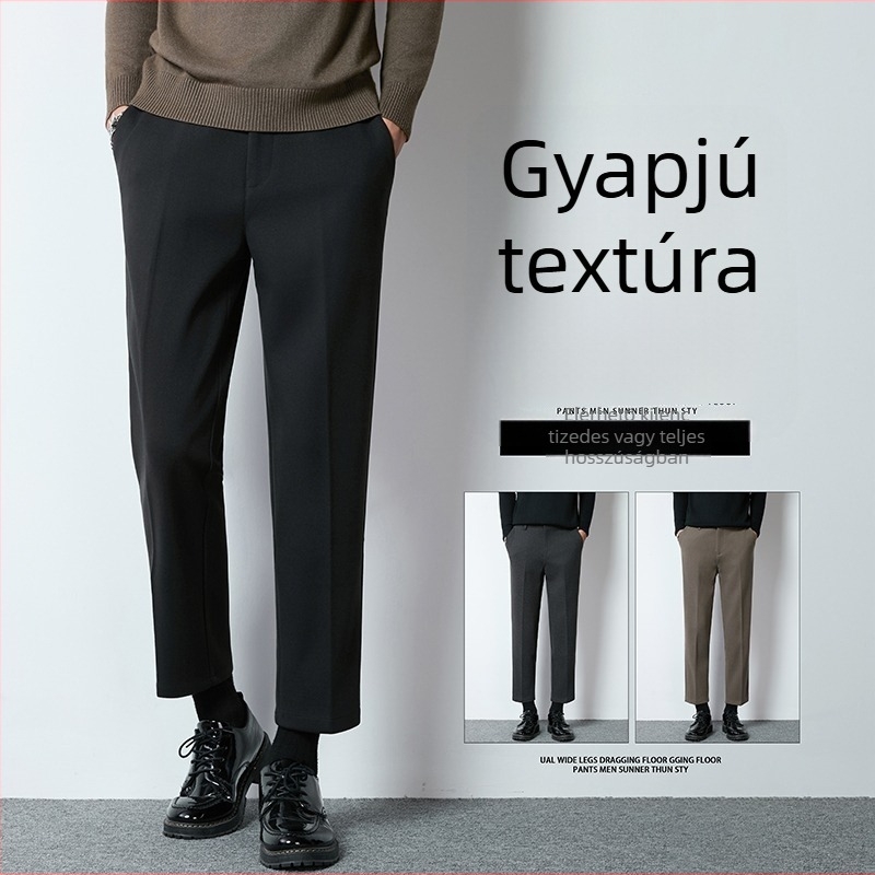 Koreai-stílusú férfi nadrág, egyenes szabású, 9/10 hossz, slim-fit, tavasz–ősz szezon, 100% poliészter