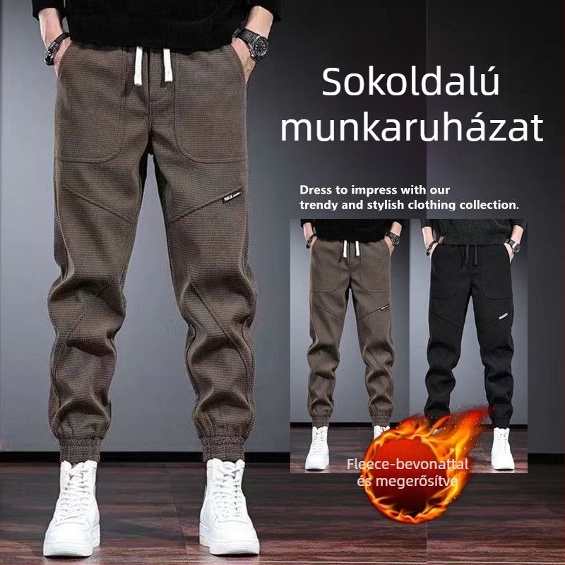 Férfi corduró nadrág fleece-béléssel, lazán szabott, csíkos mintázat, téli