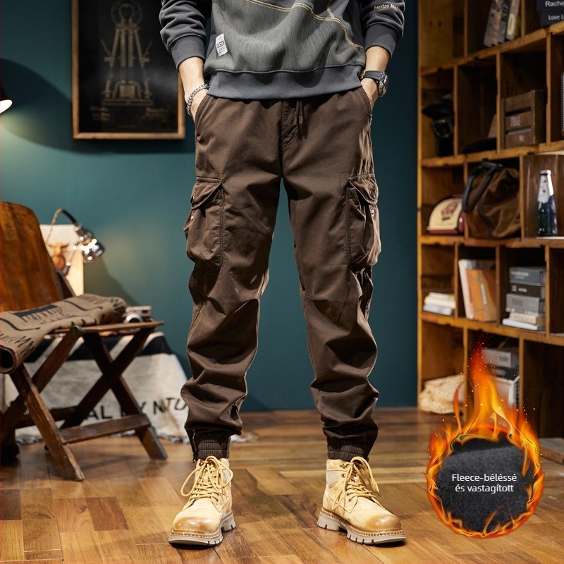 Férfi munkásnadrág fleece-béléssel, lazán szabott fazon, középső derék, zsinórzárás, egyenes szár, 97% pamut