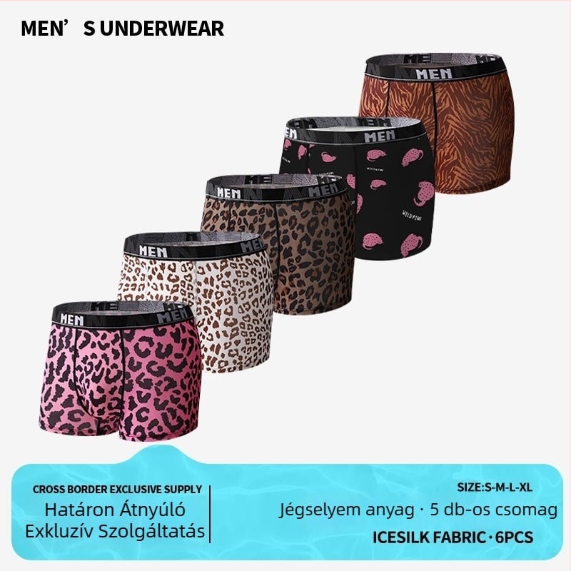 Férfi Ice Silk boxer készlet, leopard mintás, középső derekú, lélegző, gyorsan száradó