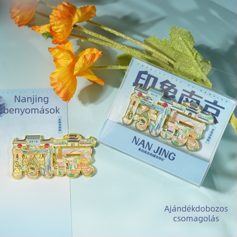 Nanking városi táj fémhűtőmágnes – Jiming-templom emlék, ősi stílus, cinkötvözet, Duoli márka