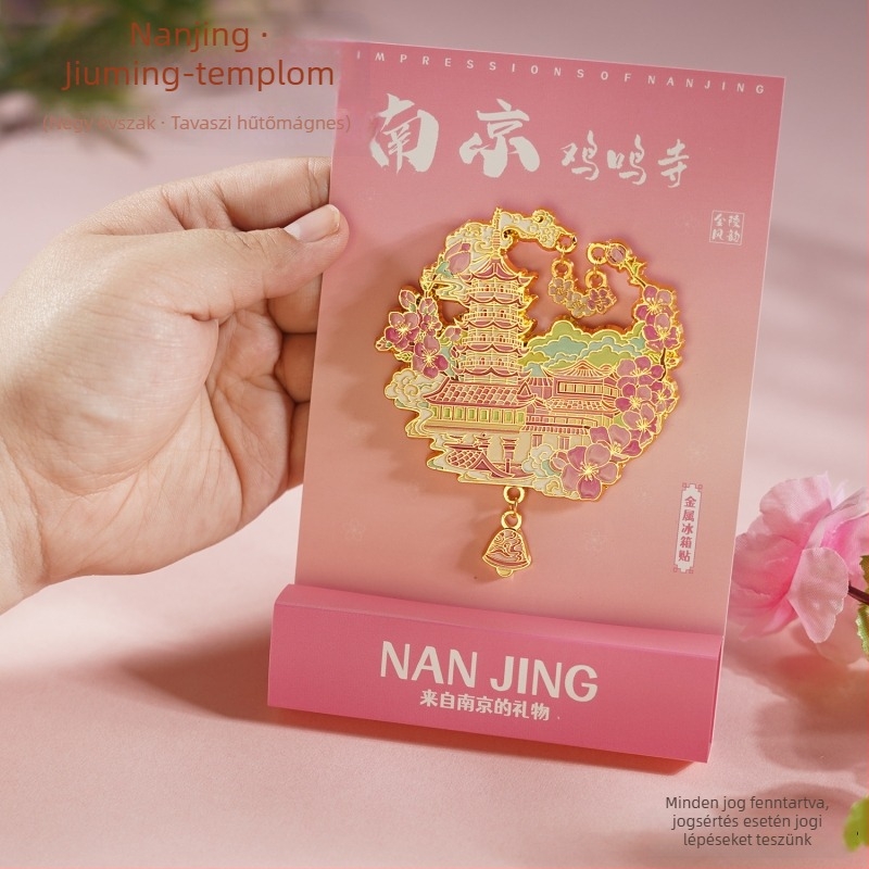 Nanking városi táj fémhűtőmágnes – Jiming-templom emlék, ősi stílus, cinkötvözet, Duoli márka