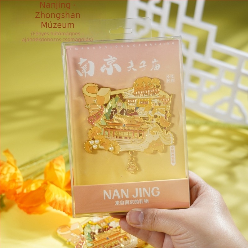 Nanking városi táj fémhűtőmágnes – Jiming-templom emlék, ősi stílus, cinkötvözet, Duoli márka