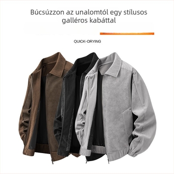 Férfi PU bőrkabát, lazán szabott, gallér, cipzár, patchwork dizájn és oldalzsebek
