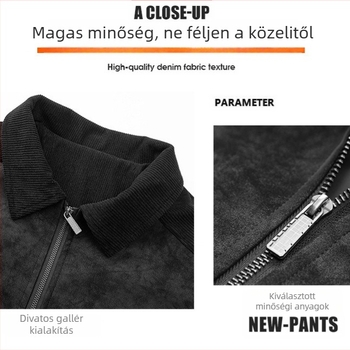 Férfi PU bőrkabát, lazán szabott, gallér, cipzár, patchwork dizájn és oldalzsebek