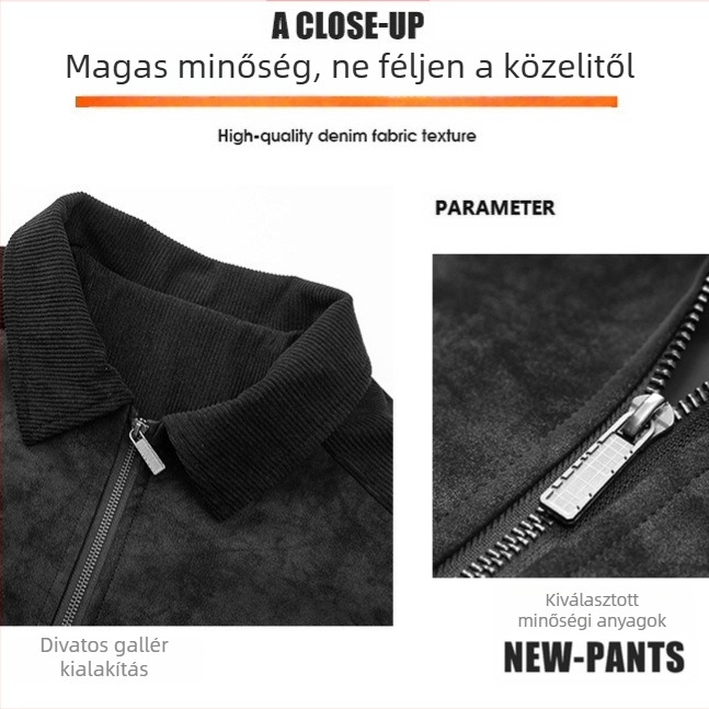 Férfi PU bőrkabát, lazán szabott, gallér, cipzár, patchwork dizájn és oldalzsebek